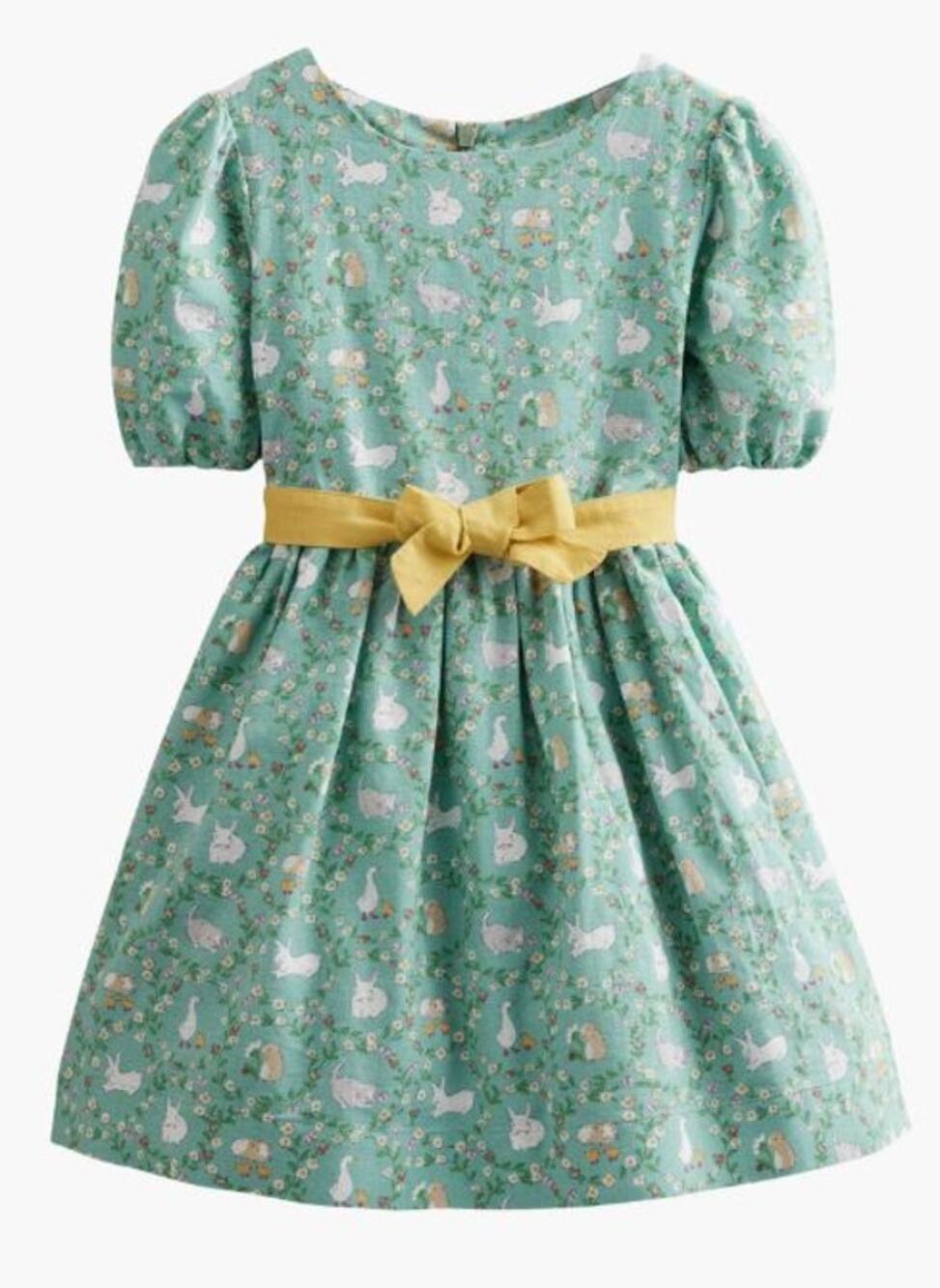 Mini Boden Vintage Puff Sleeve Linen Cotton Flare Dress Sage Green Spring Bunny